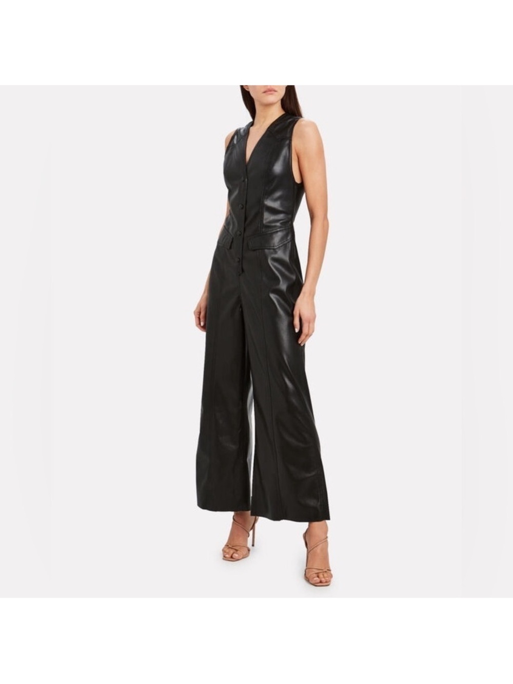 Nanushka Black Sleeveless Faux Leather Vest Jumpsuit